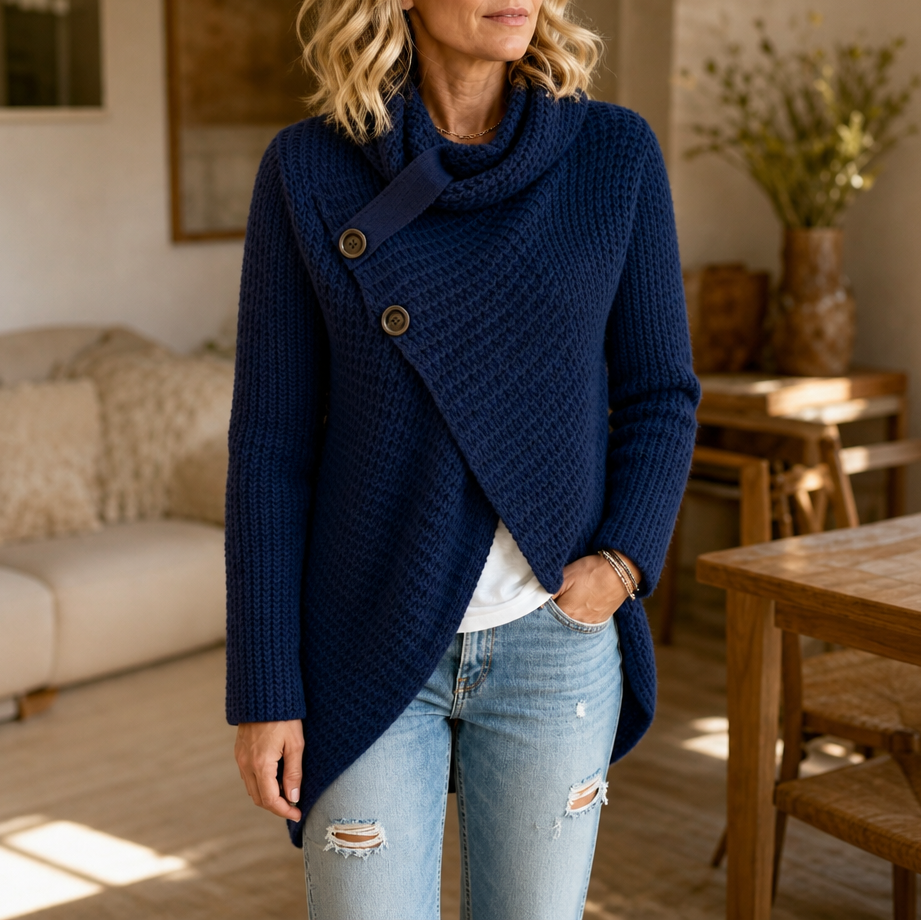 Women's textured cowl neck sweater with asymmetric button-side front and long sleeves