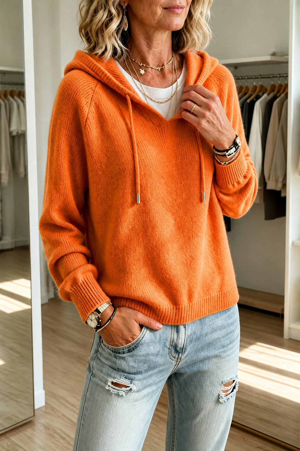 Women's hooded knit pullover jumper with drawstring and ribbed trims