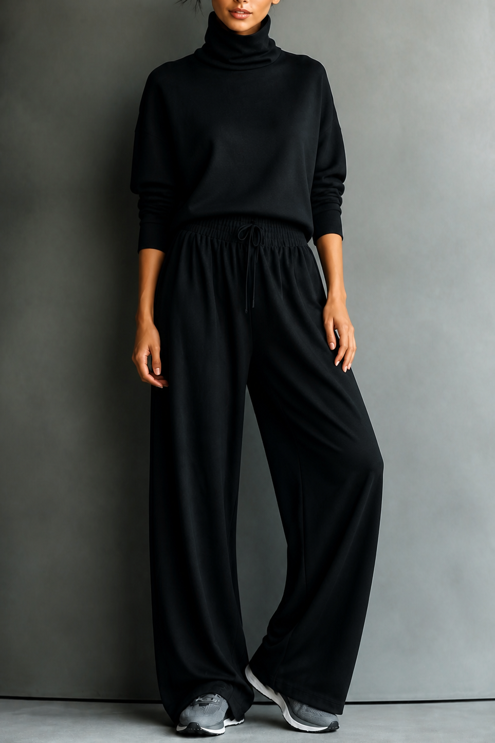 Women's turtleneck top and wide-leg trousers set with drawstring waist