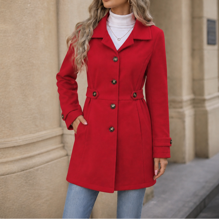 Women's tailored belted trench coat with lapels, buttons and long sleeves