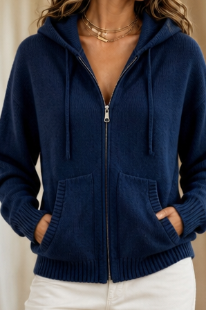 Women's oversized hooded knit cardigan with zip front and front pockets
