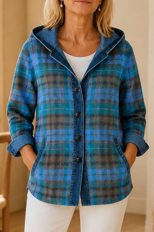 Women's hooded patchwork cardigan with denim-look trim and button front