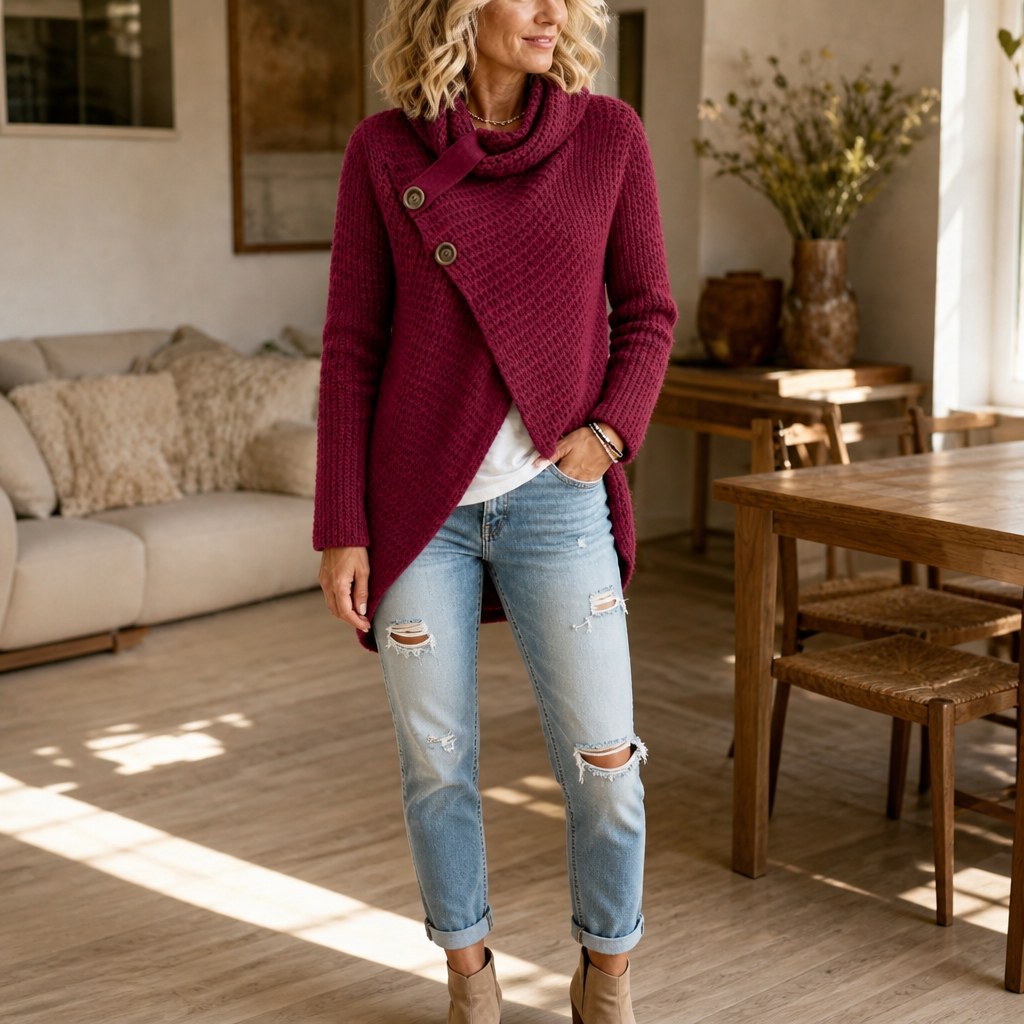 Women's textured cowl neck sweater with asymmetric button-side front and long sleeves