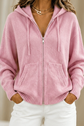 Women's oversized hooded knit cardigan with zip front and front pockets