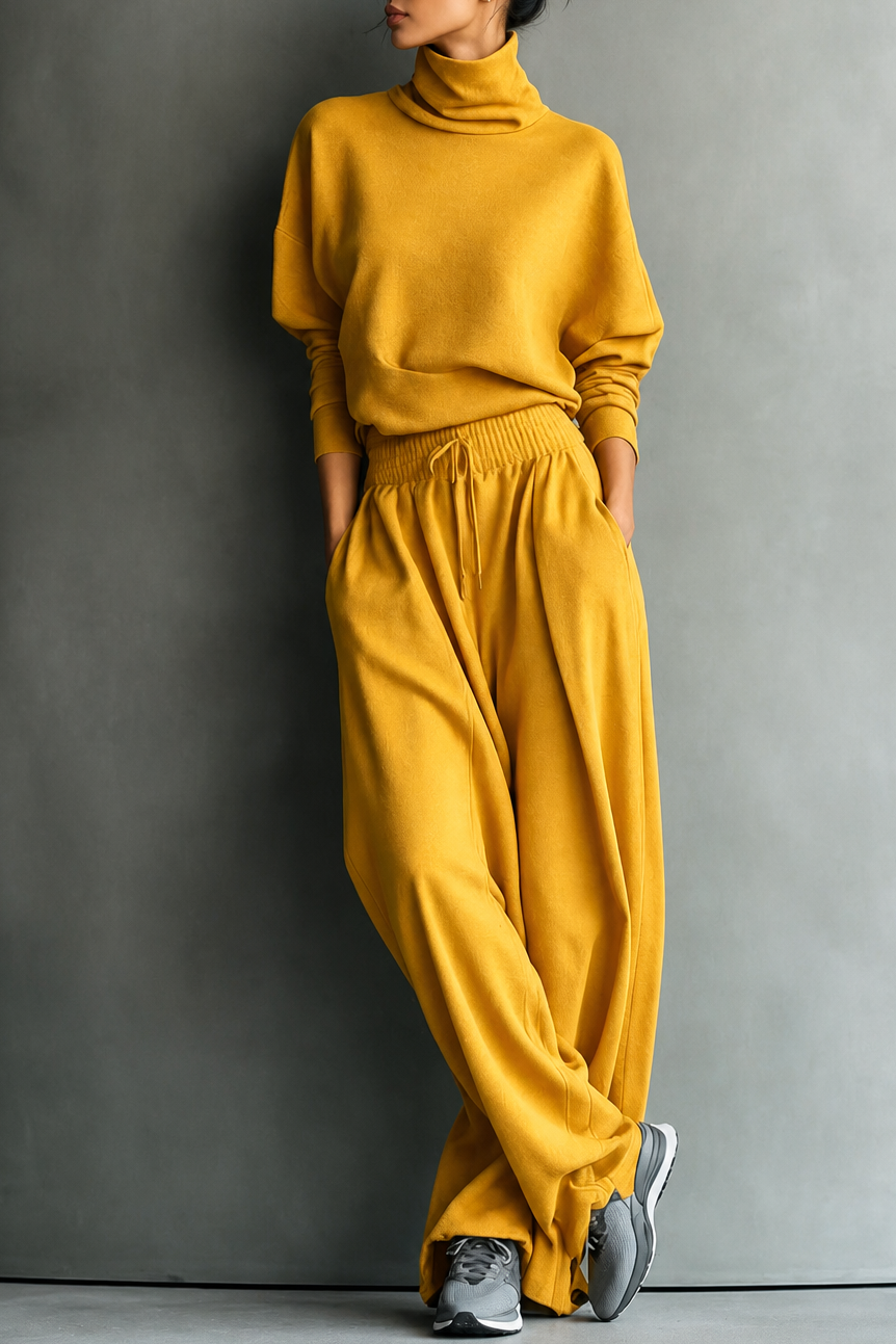 Women's turtleneck top and wide-leg trousers set with drawstring waist