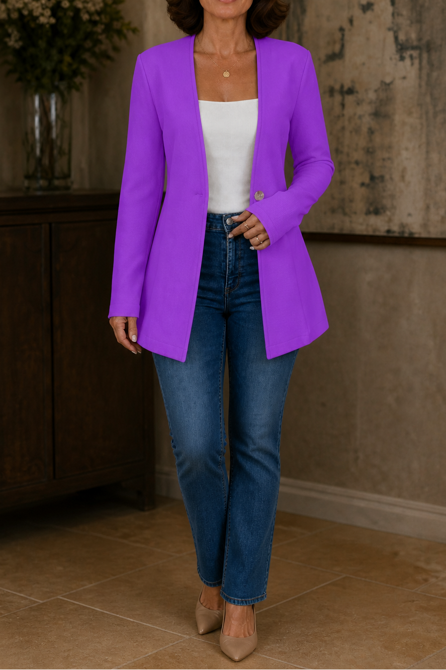 Women's longline A-line blazer with V-neckline and single-button fastening