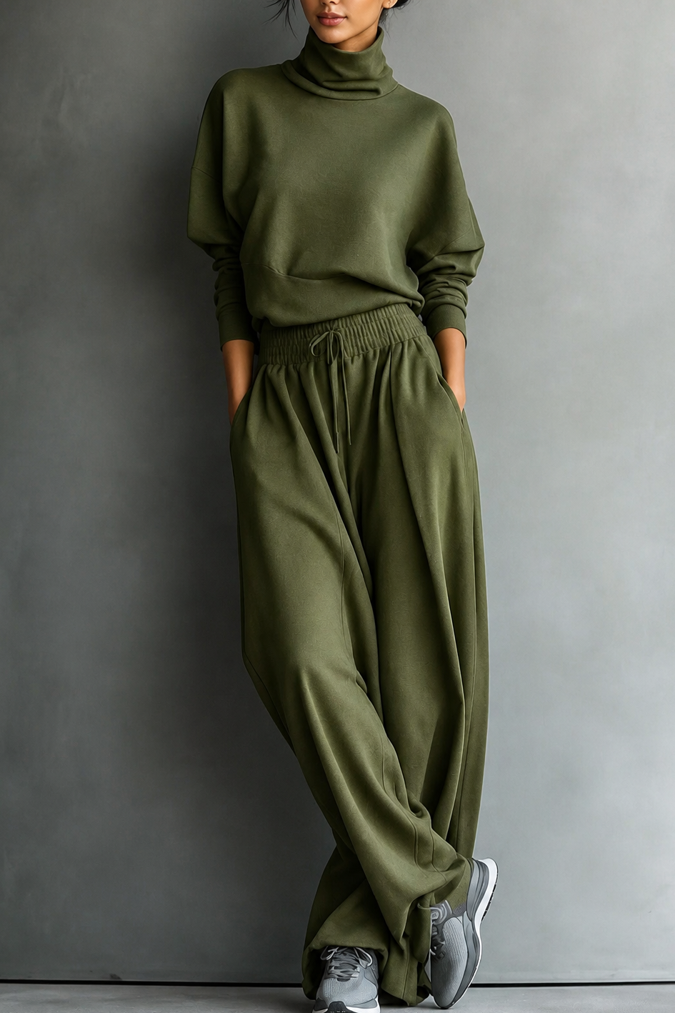 Women's turtleneck top and wide-leg trousers set with drawstring waist