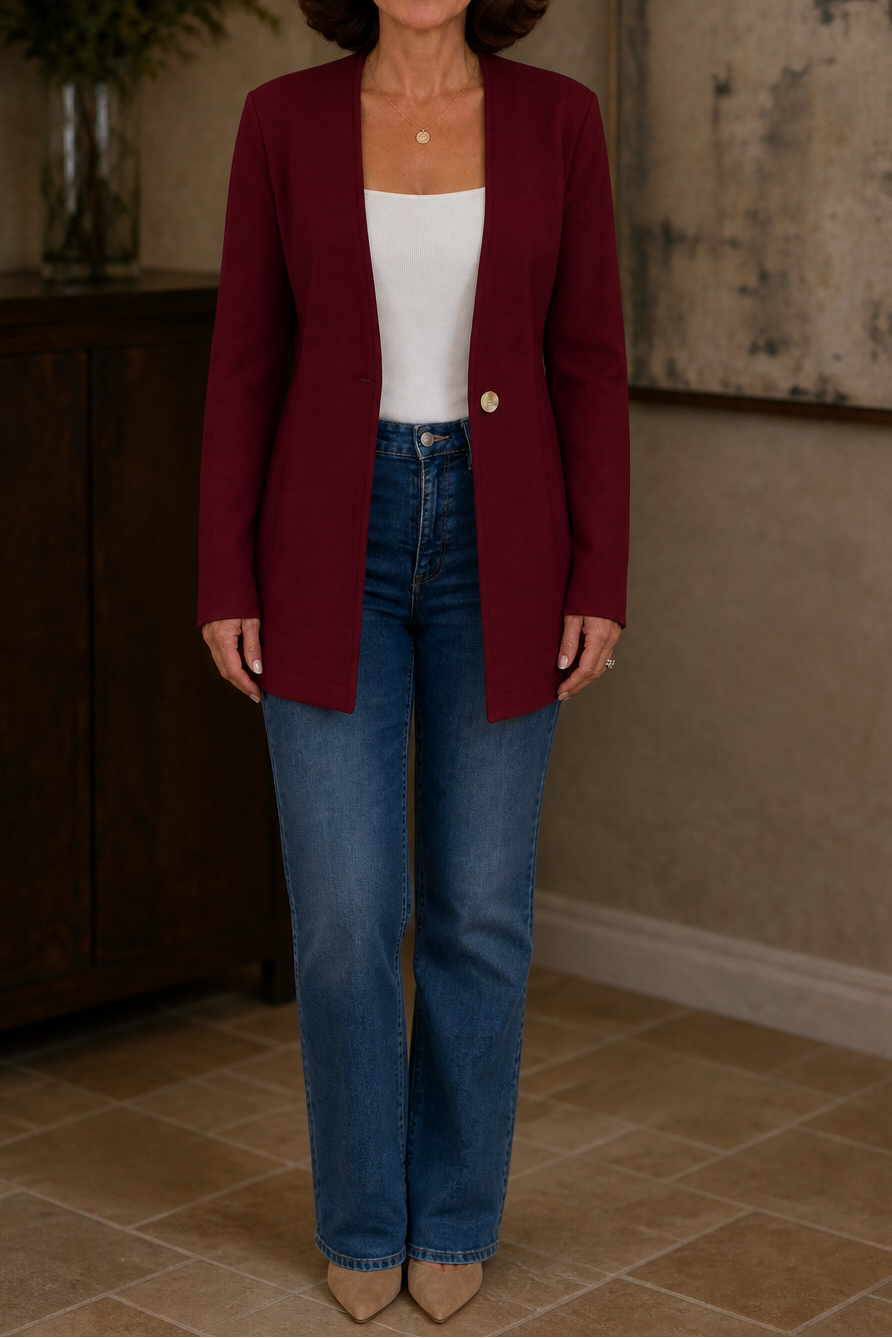 Women's longline A-line blazer with V-neckline and single-button fastening