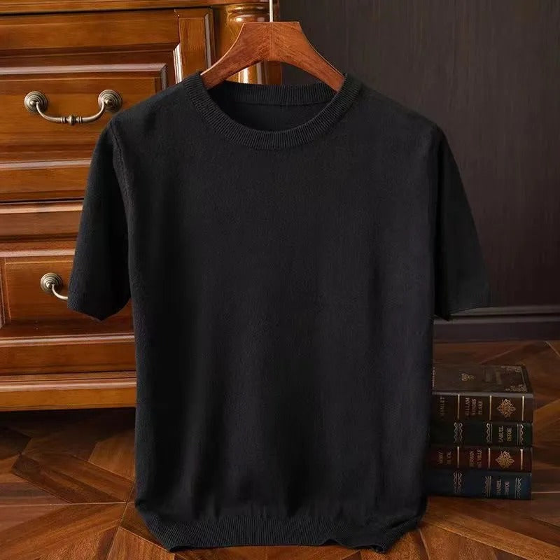 Short sleeve crew neck knitted sweater with ribbed trims