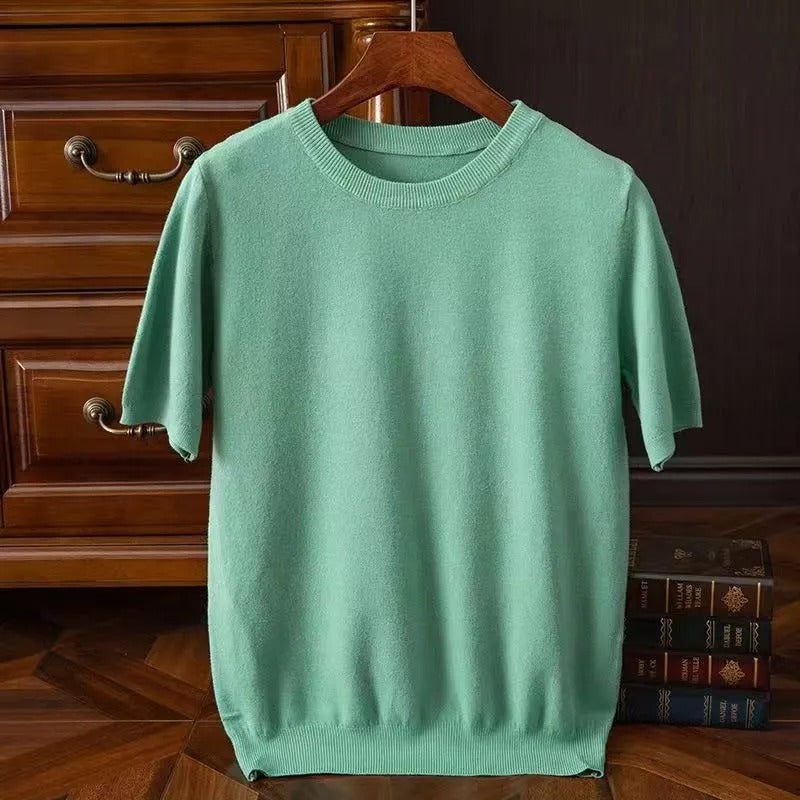 Short sleeve crew neck knitted sweater with ribbed trims