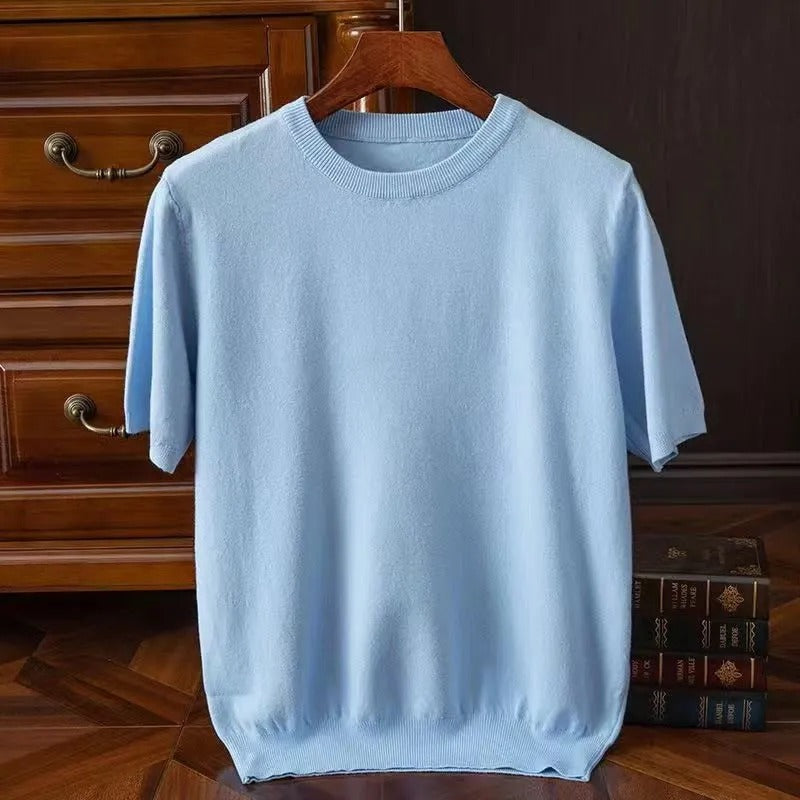 Short sleeve crew neck knitted sweater with ribbed trims
