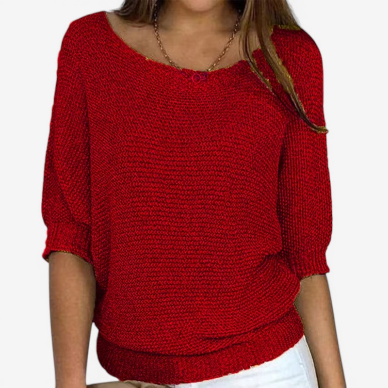 Women's textured knit jumper with round neckline, three-quarter sleeves and ribbed hem