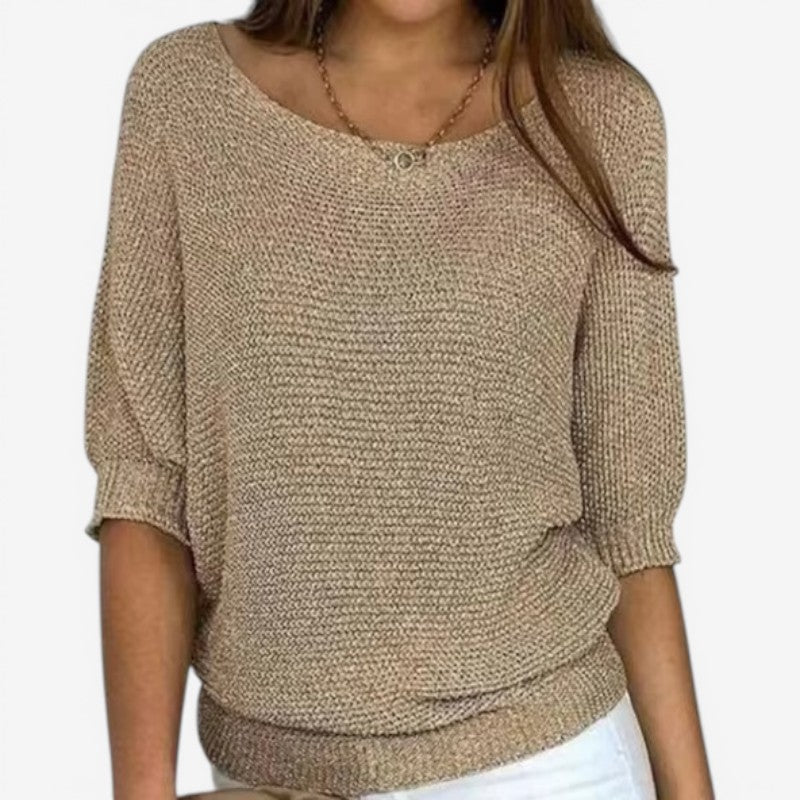 Women's textured knit jumper with round neckline, three-quarter sleeves and ribbed hem