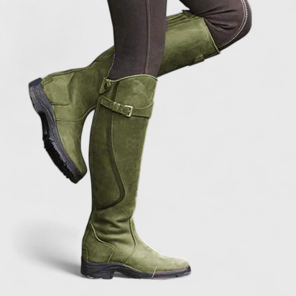 Women's knee-high panelled boots with buckle straps and low heels