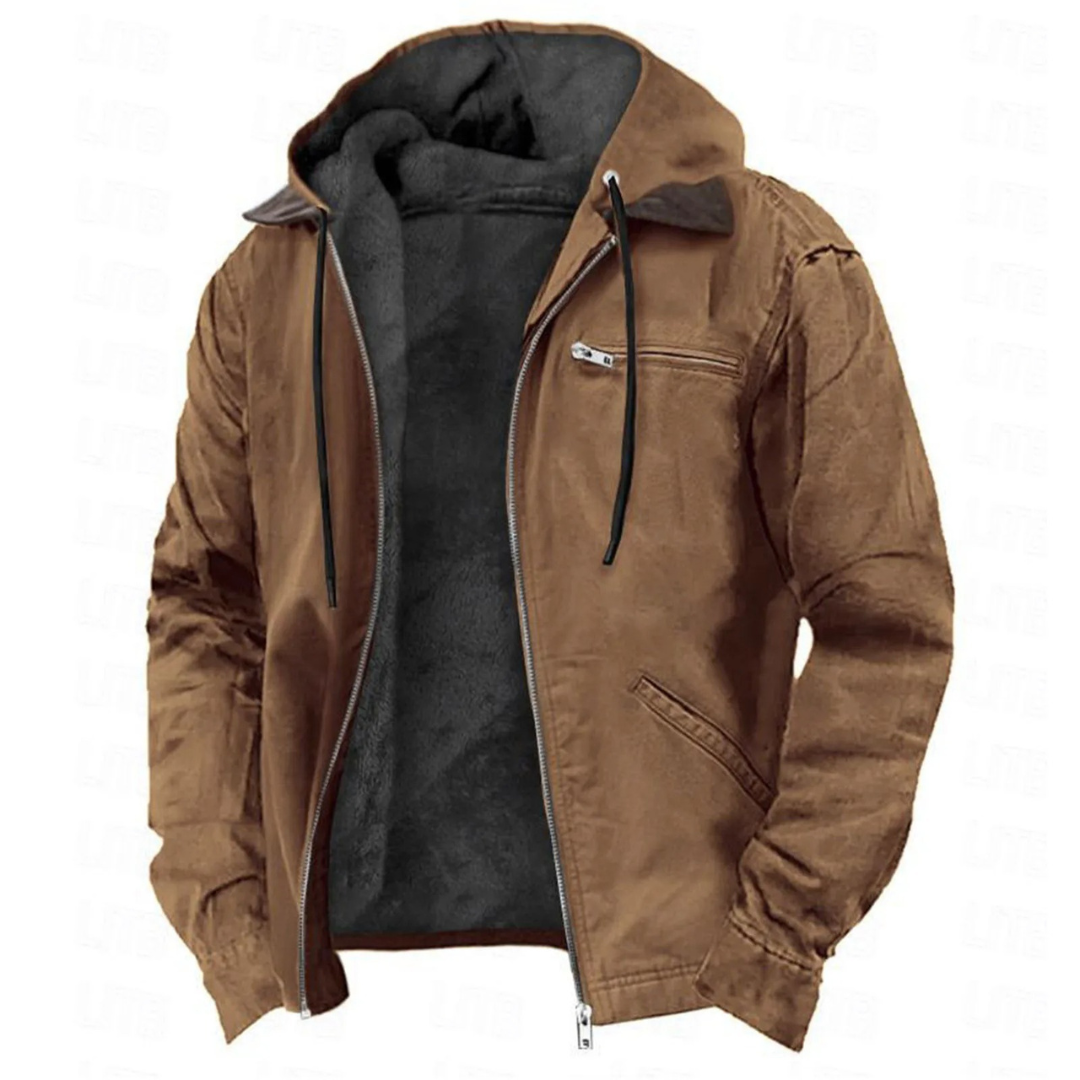 Men's hooded zip-front jacket with long sleeves and multiple pockets