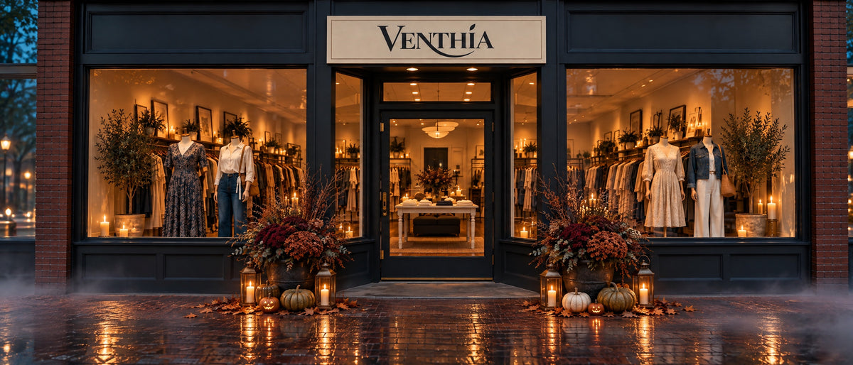 Venthia storefront at night, dressed for Halloween