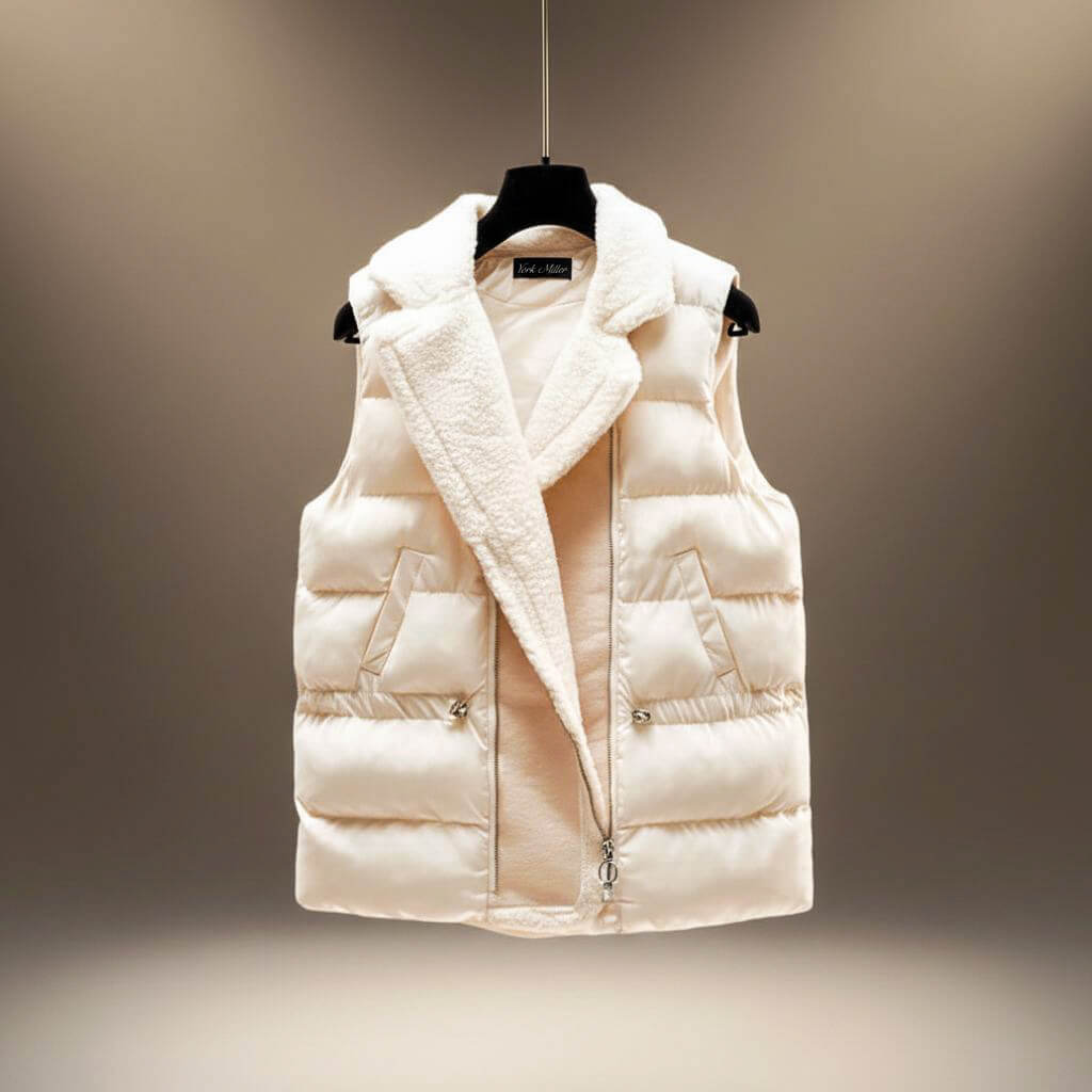 Women's winter knitwear set with ribbed turtleneck sweater, padded gilet and cable-knit trousers