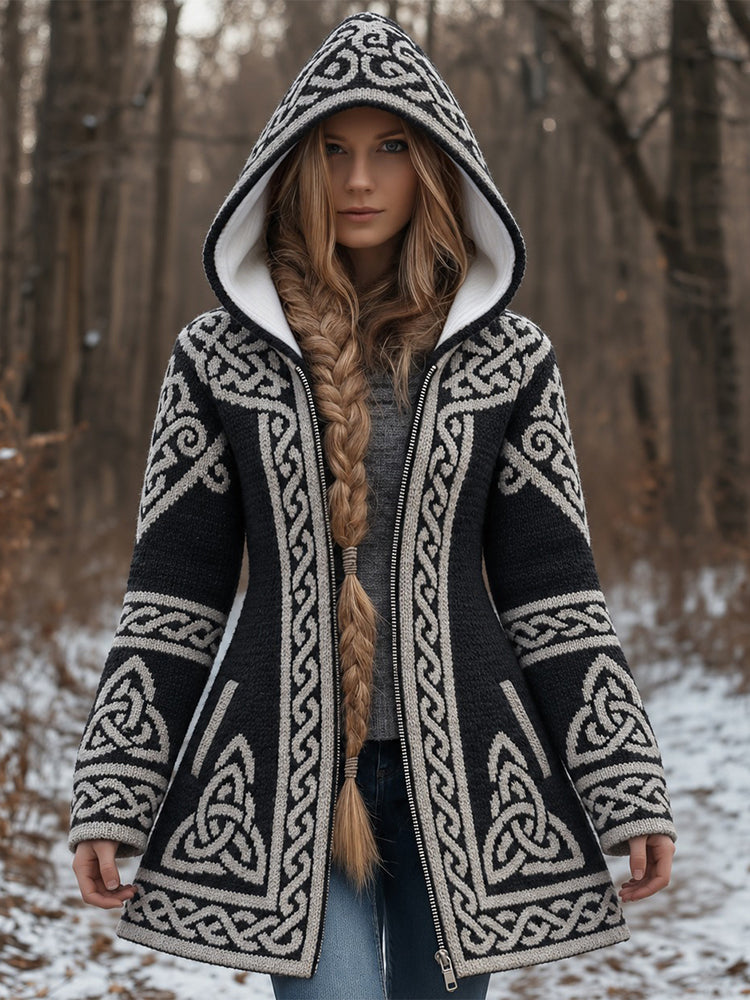 Women's black hooded sweater jacket with contrasting Celtic knot pattern and zip front