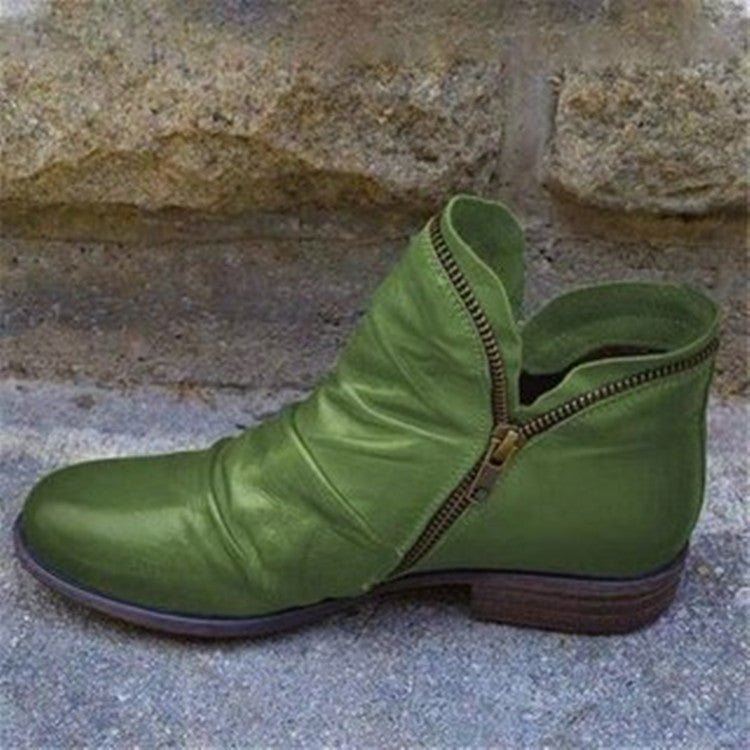 Women's ankle boots with ruched panels, side zips and low block heels
