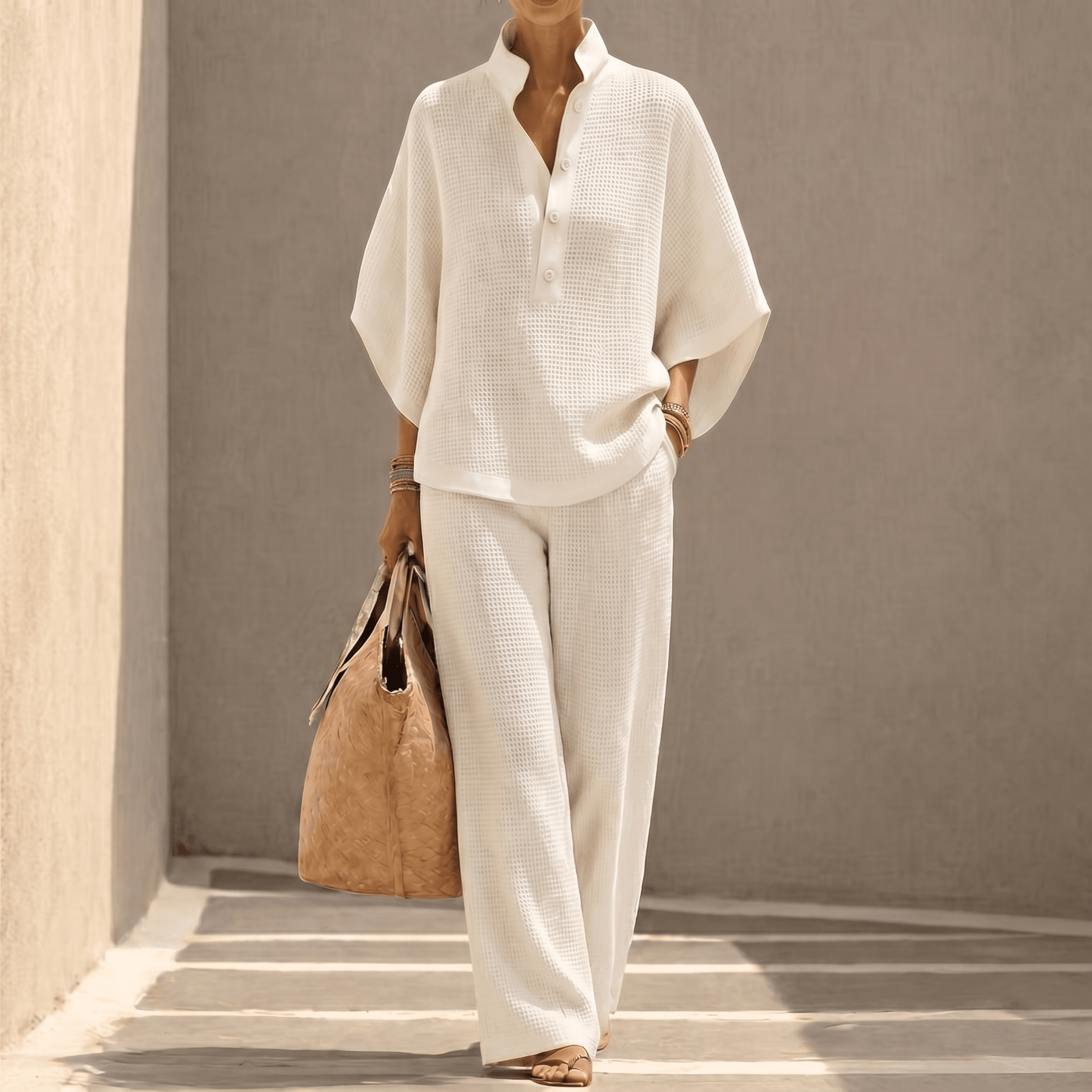 Women's textured two-piece set with mandarin collar top and wide-leg trousers