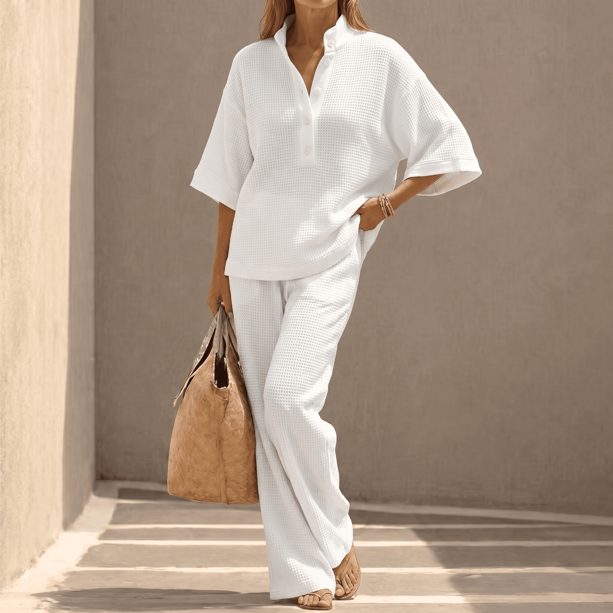 Women's textured two-piece set with mandarin collar top and wide-leg trousers