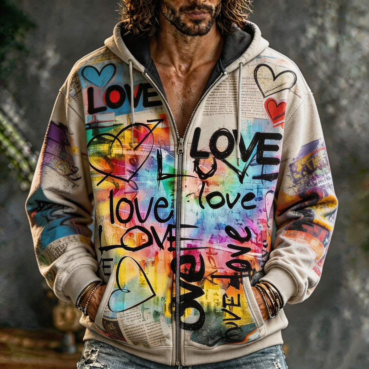 Men's colourful graffiti love graphic zip hoodie with hood and long sleeves