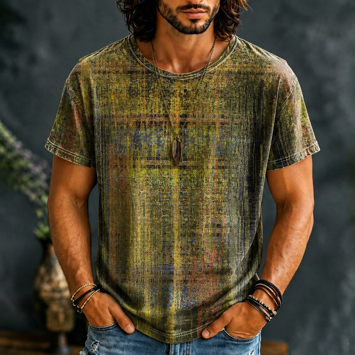 Men's short-sleeve crew-neck T-shirt with multicoloured distressed abstract print