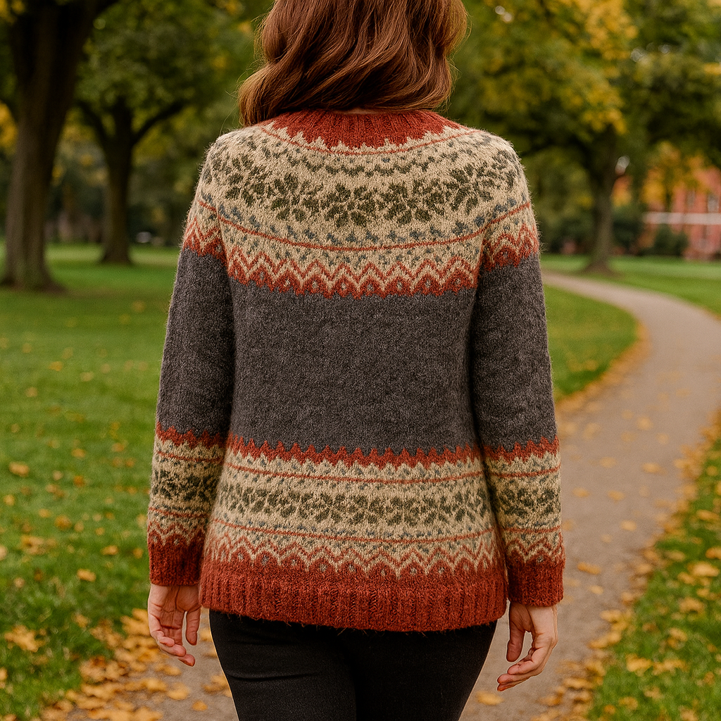 Women's Nordic geometric patterned knitted cardigan with crew neck and button front