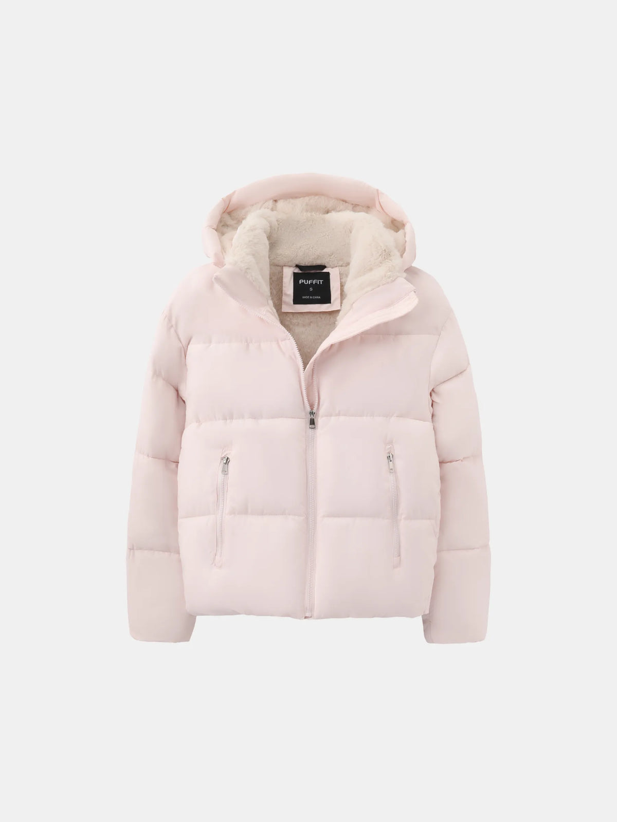 Women's cropped quilted puffer jacket with hood and faux-fur-look lining
