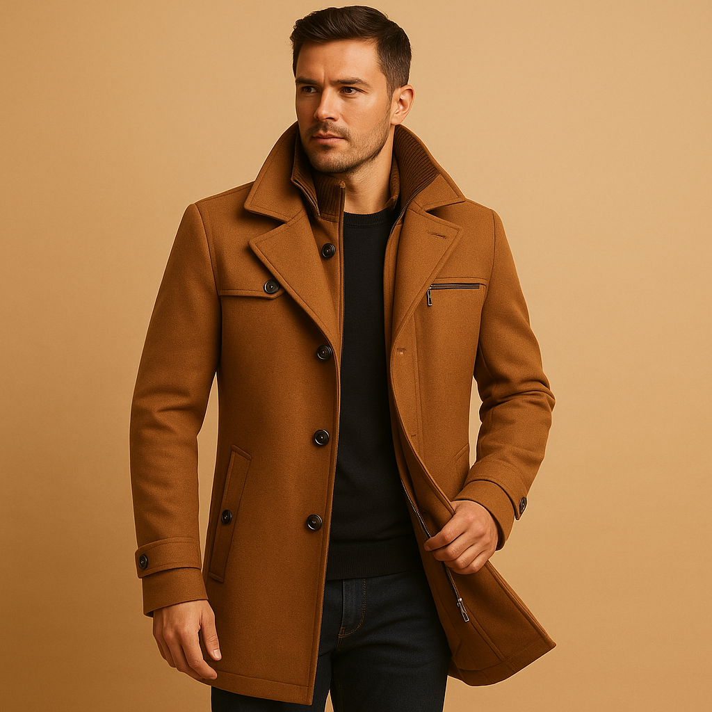 Men's long winter coat with raised collar, front zip, buttons and adjustable cuffs