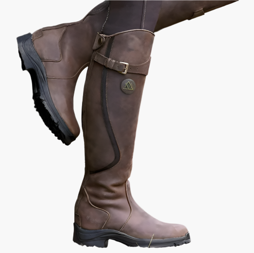 Women's tall riding boots with buckle straps, side zips and low heels