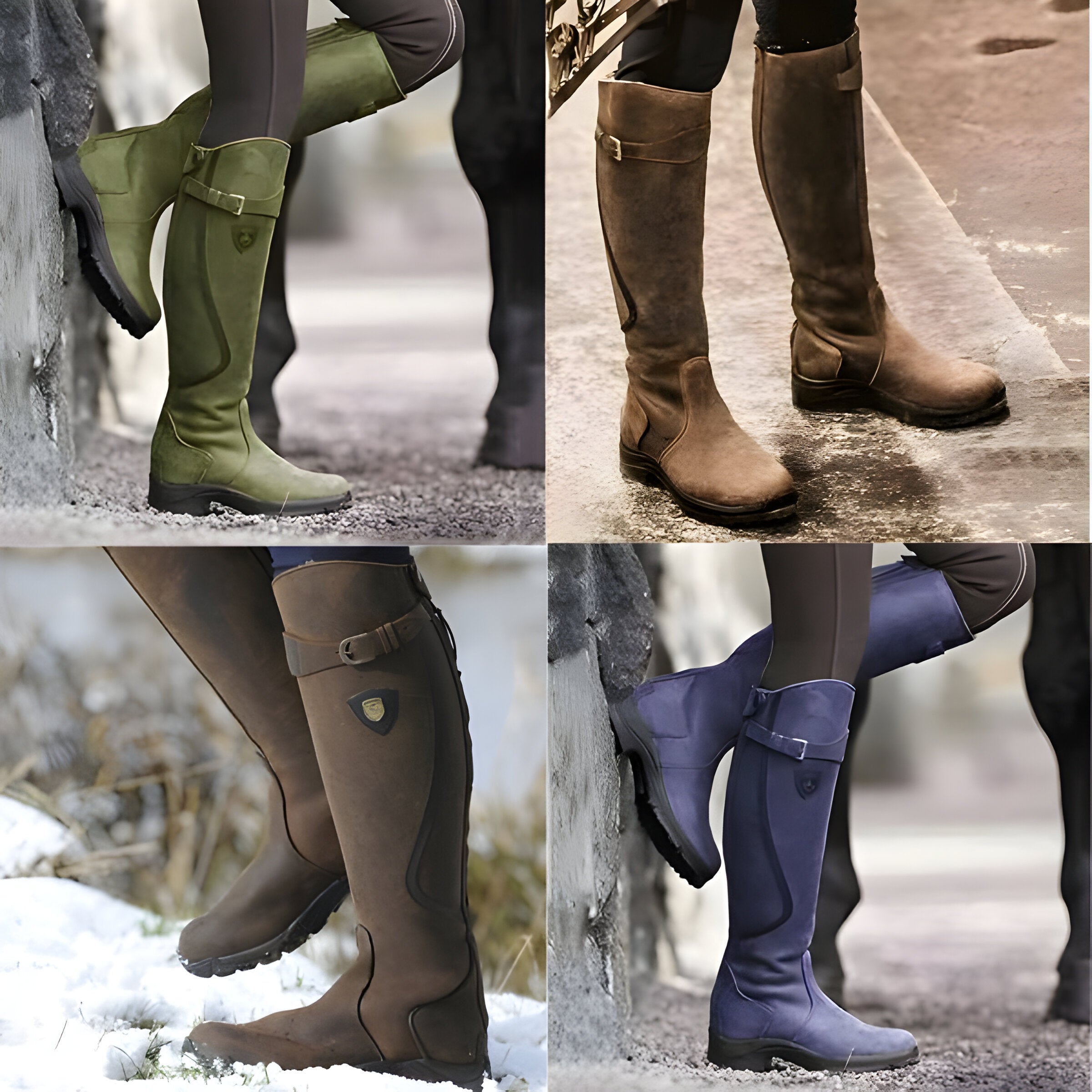Women's tall riding boots with buckle straps, side zips and low heels