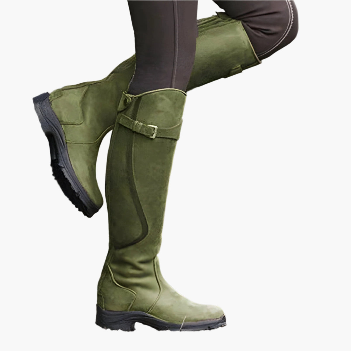 Women's tall riding boots with buckle straps, side zips and low heels
