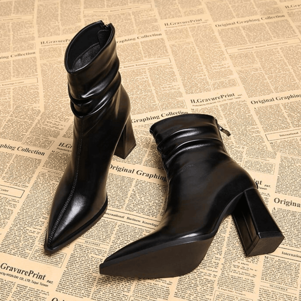 Women's pointed-toe slouch ankle boots with high block heels