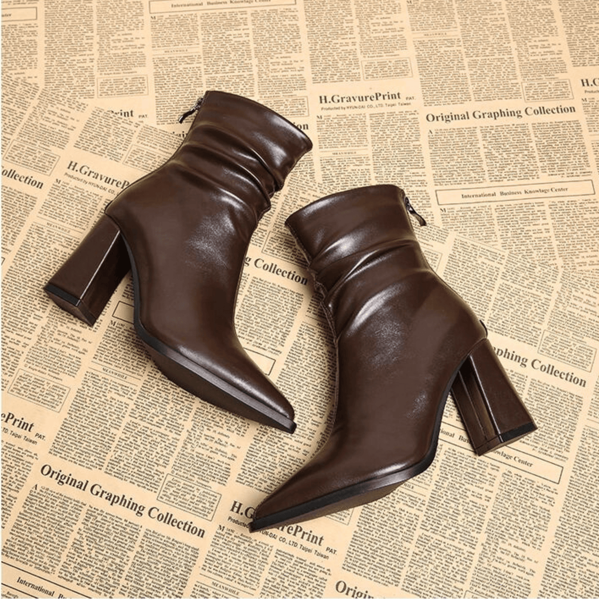 Women's pointed-toe slouch ankle boots with high block heels