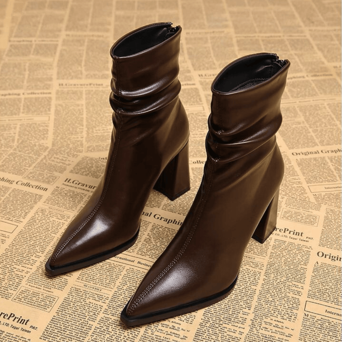 Women's pointed-toe slouch ankle boots with high block heels