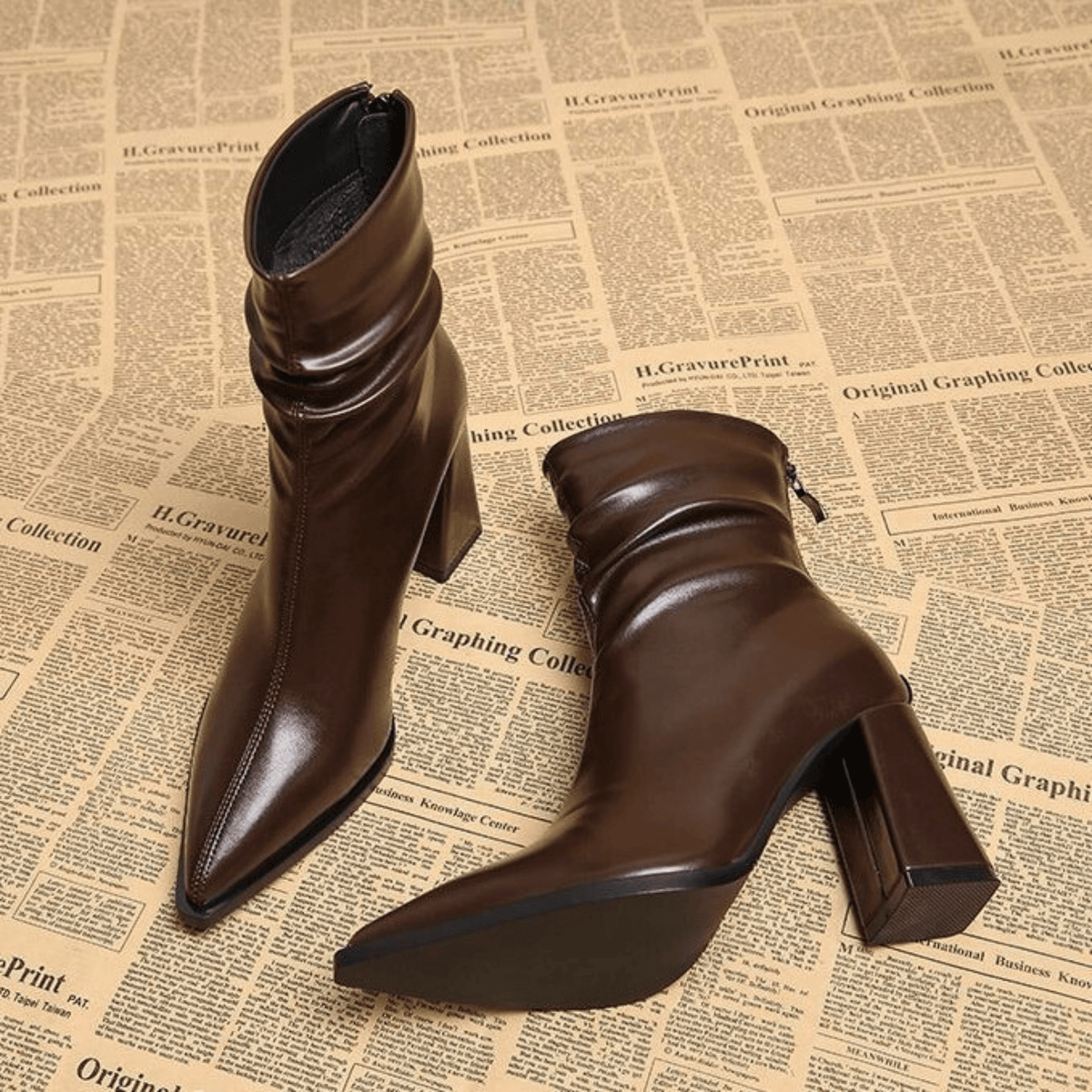 Women's pointed-toe slouch ankle boots with high block heels