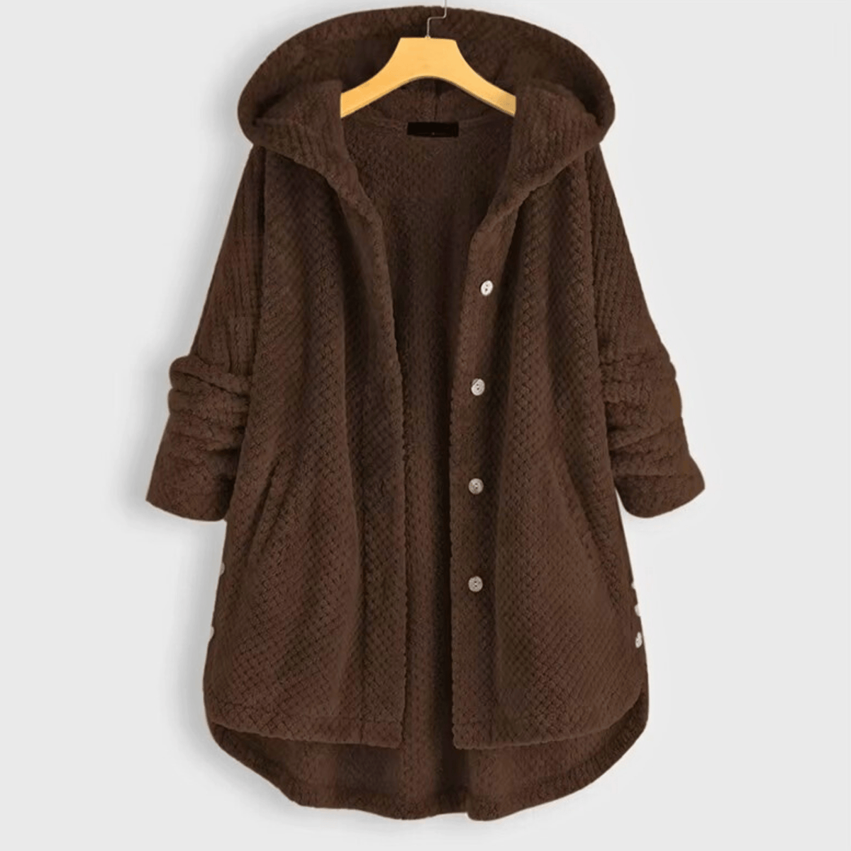 Women's textured hooded coat with button front and curved hem