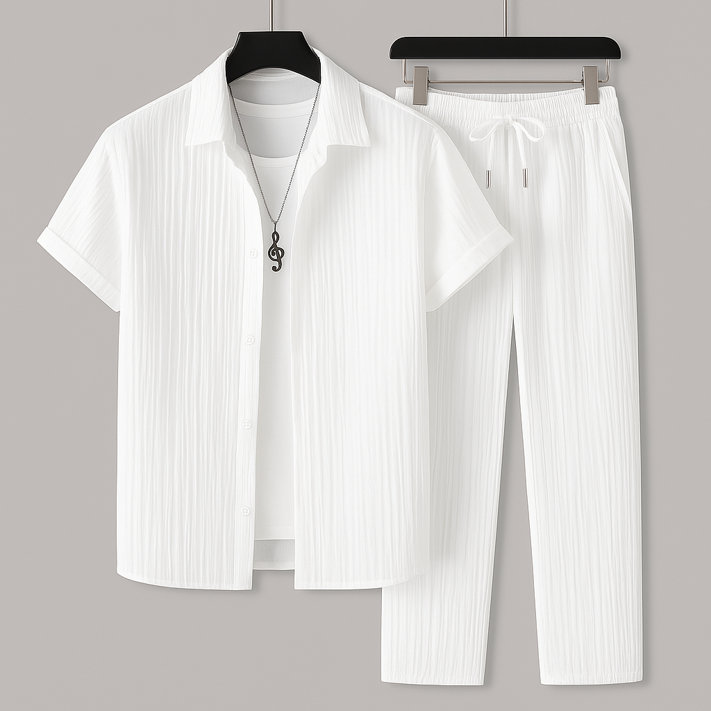 Men’s Textured Summer Co-Ord Set | Relaxed Open-Collar Shirt & Drawstring Trousers