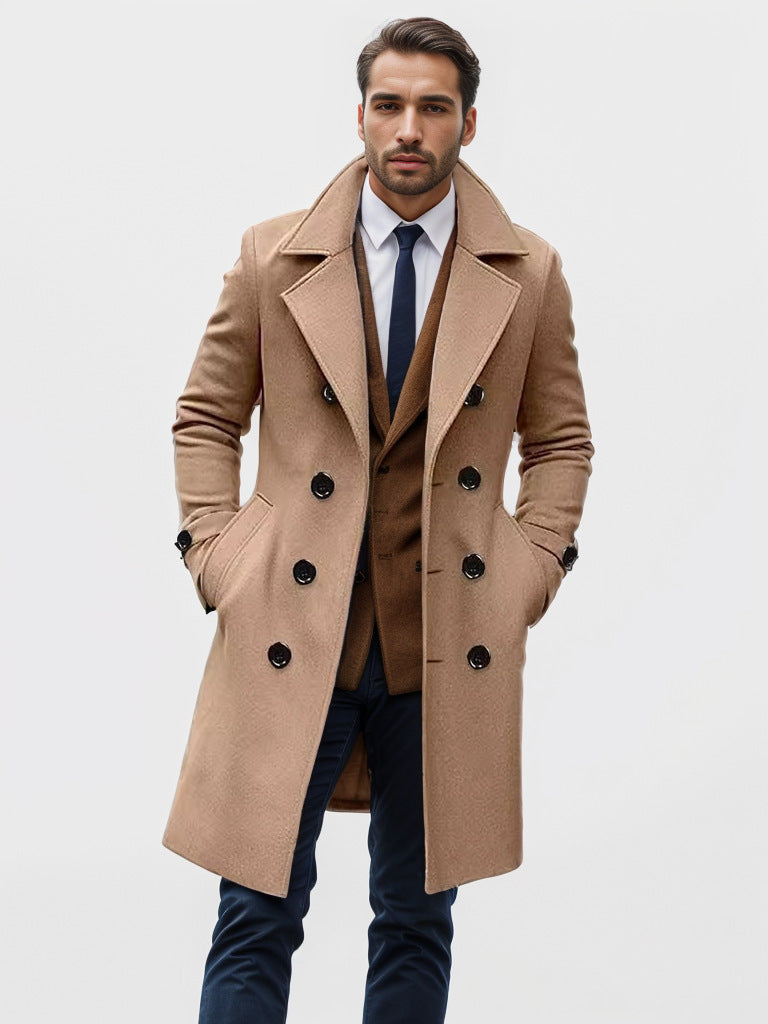 Men's longline double-breasted trench coat with wide lapels and side pockets