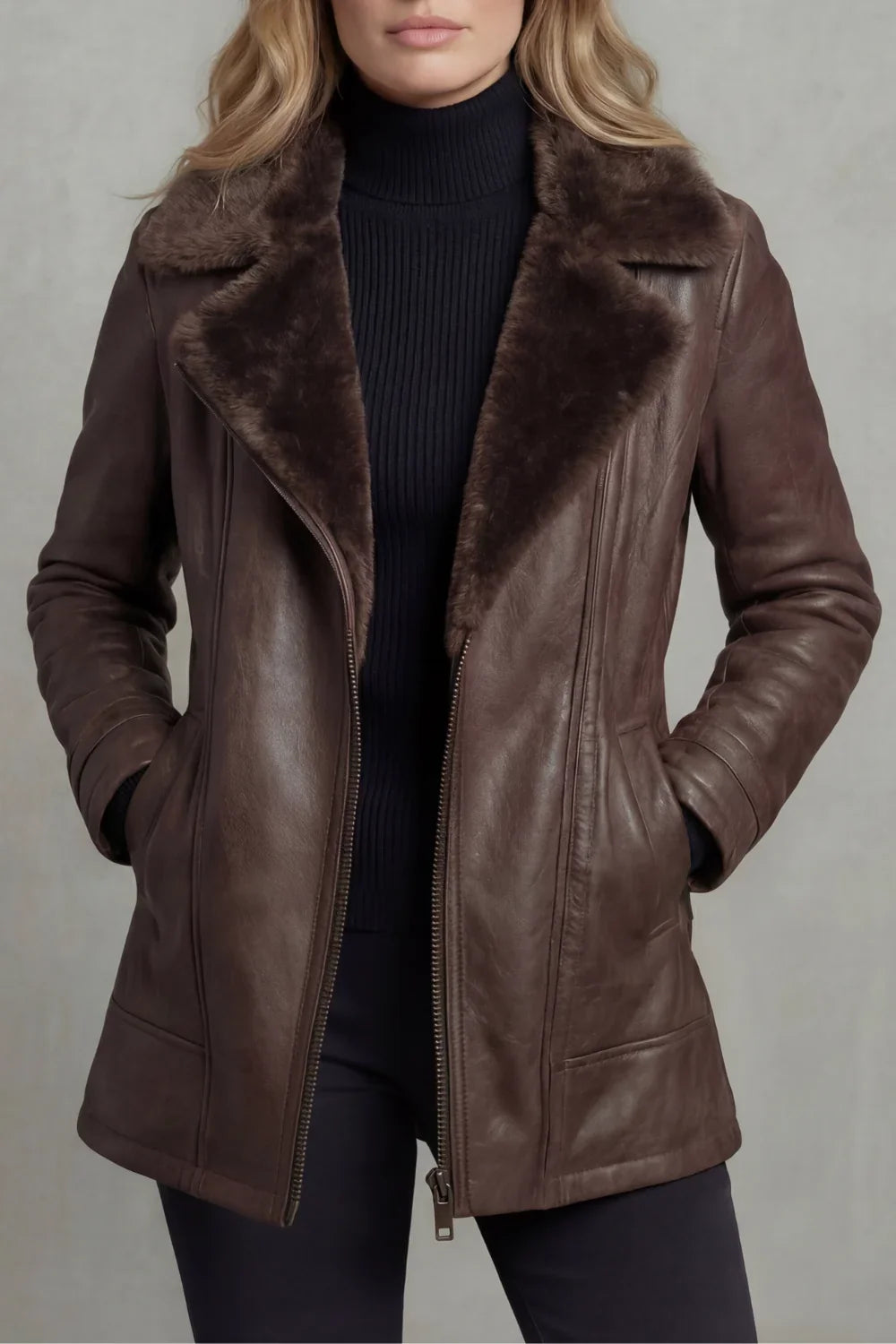 Women's brown jacket with a wide fur-trimmed collar and front zip fastening
