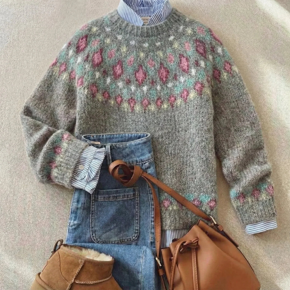 Women's Fair Isle patterned long sleeve crew neck jumper with ribbed trims