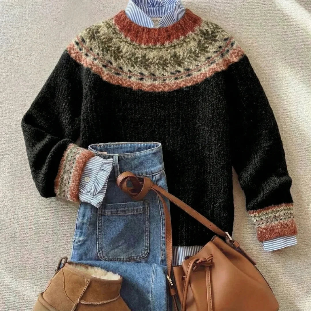 Women's Fair Isle patterned long sleeve crew neck jumper with ribbed trims