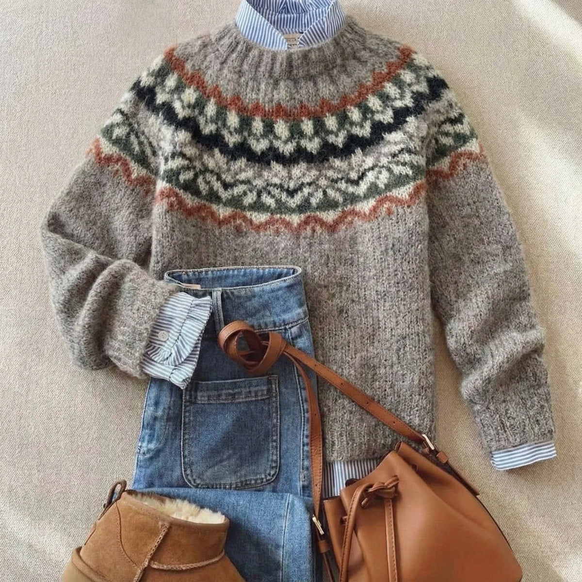 Women's Fair Isle patterned long sleeve crew neck jumper with ribbed trims