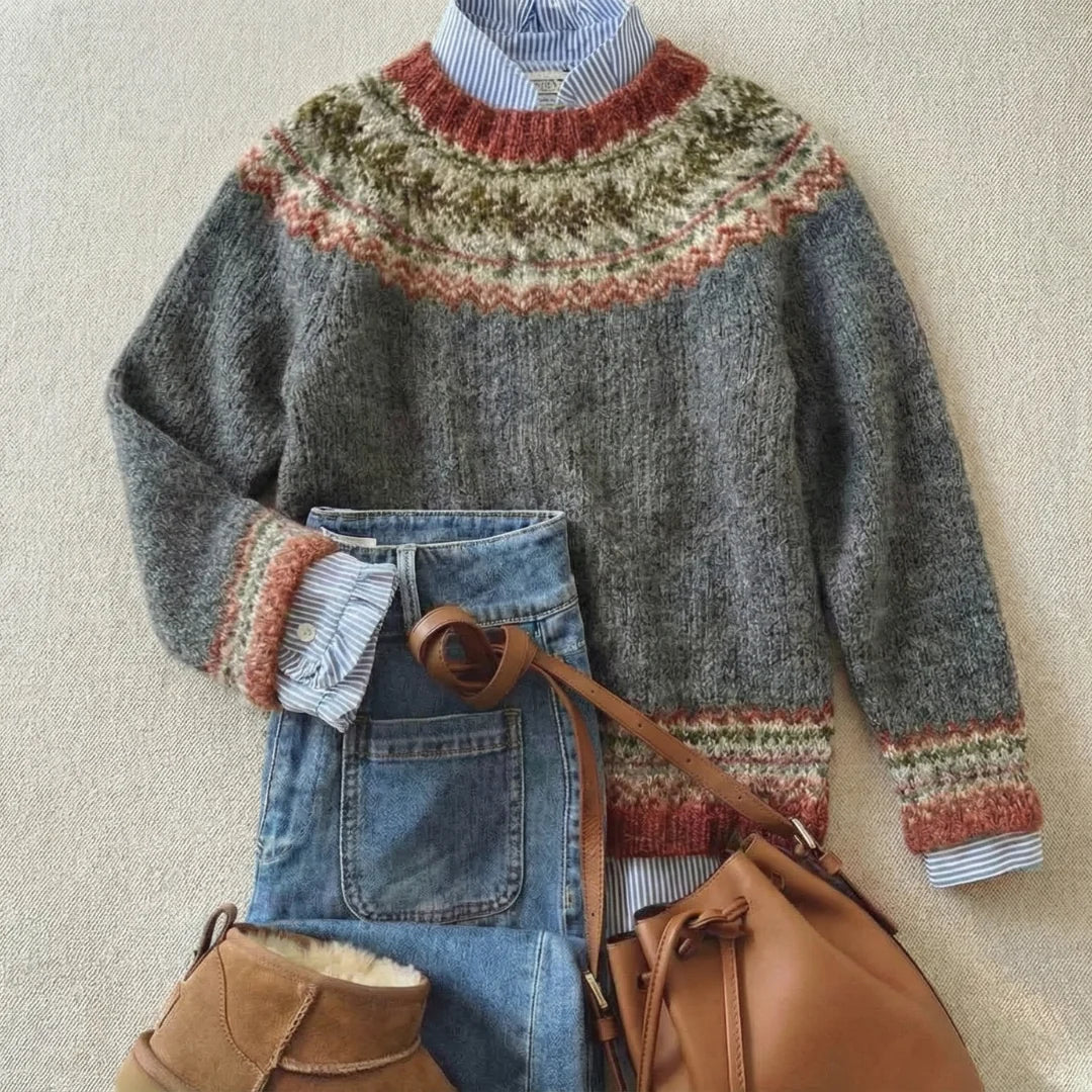 Women's Fair Isle patterned long sleeve crew neck jumper with ribbed trims
