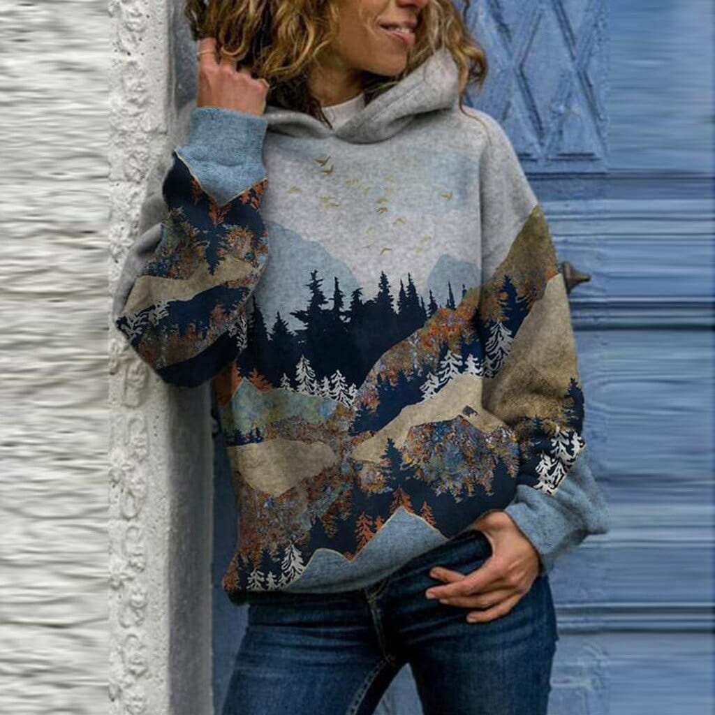 Women's multicolour landscape print hoodie with long sleeves and hood