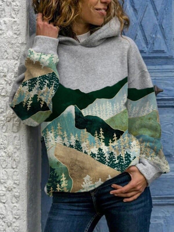 Women's multicolour landscape print hoodie with long sleeves and hood
