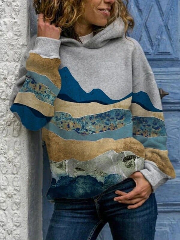 Women's multicolour landscape print hoodie with long sleeves and hood