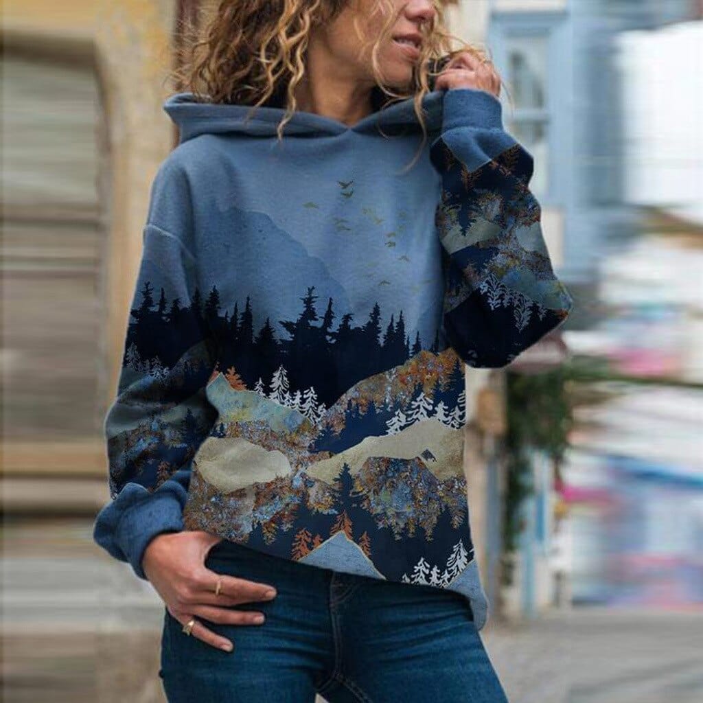 Women's multicolour landscape print hoodie with long sleeves and hood