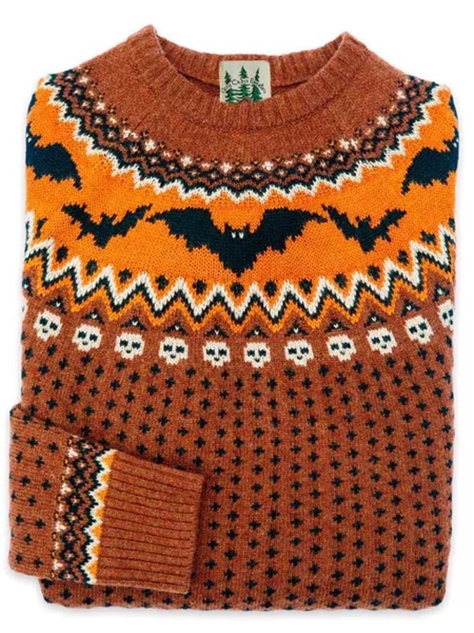 Women's Fair Isle Halloween knit sweater with pumpkins and seasonal motifs